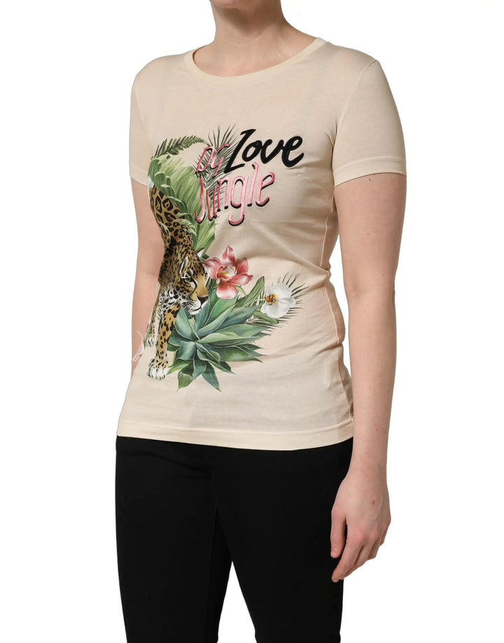 Dolce &amp; Gabbana Sample Sale | Dolce &amp; Gabbana Beige Jungle Print Cotton Round Neck T-Shirt - | Designer outlet