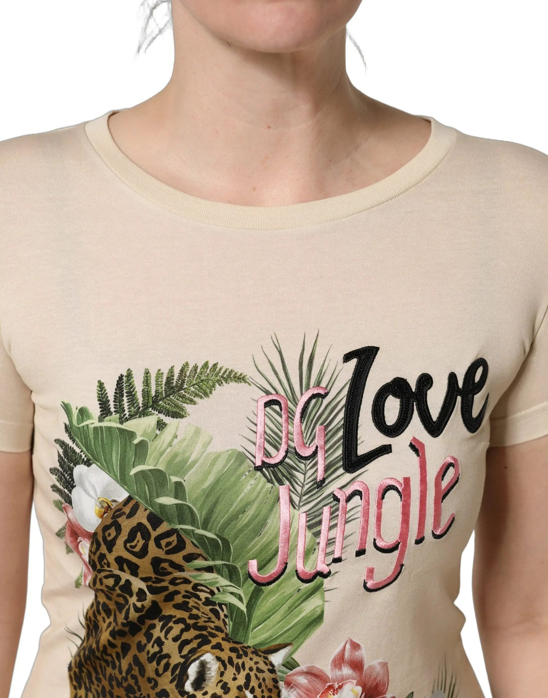 Dolce &amp; Gabbana Sample Sale | Dolce &amp; Gabbana Beige Jungle Print Cotton Round Neck T-Shirt - | Designer outlet