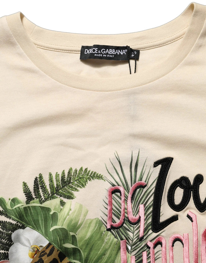 Dolce &amp; Gabbana Sample Sale | Dolce &amp; Gabbana Beige Jungle Print Cotton Round Neck T-Shirt - | Designer outlet
