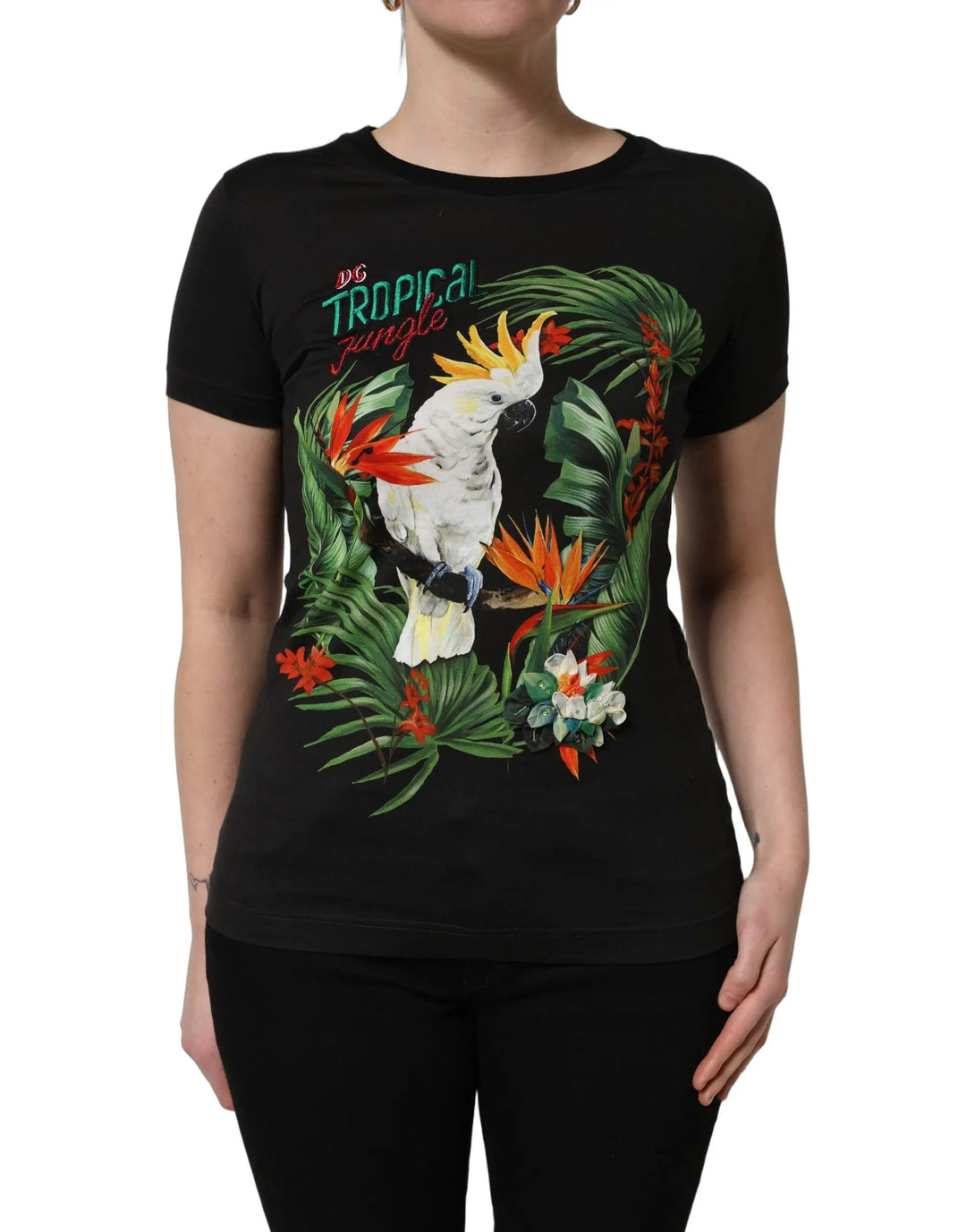 Dolce & Gabbana Sample Sale | Dolce & Gabbana Black Tropical Print Cotton Round Neck T-Shirt - | Designer outlet