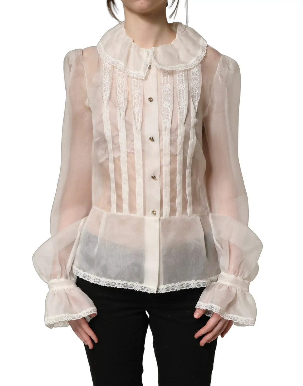 Dolce & Gabbana Sample Sale | Dolce & Gabbana White Ruffled Sheer Silk Buttoned Blouse Top - | Designer outlet