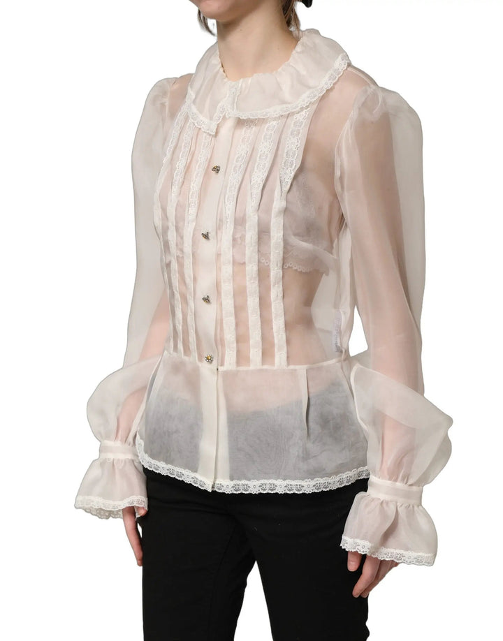 Dolce &amp; Gabbana Sample Sale | Dolce &amp; Gabbana White Ruffled Sheer Silk Buttoned Blouse Top - | Designer outlet