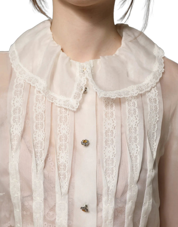Dolce &amp; Gabbana Sample Sale | Dolce &amp; Gabbana White Ruffled Sheer Silk Buttoned Blouse Top - | Designer outlet