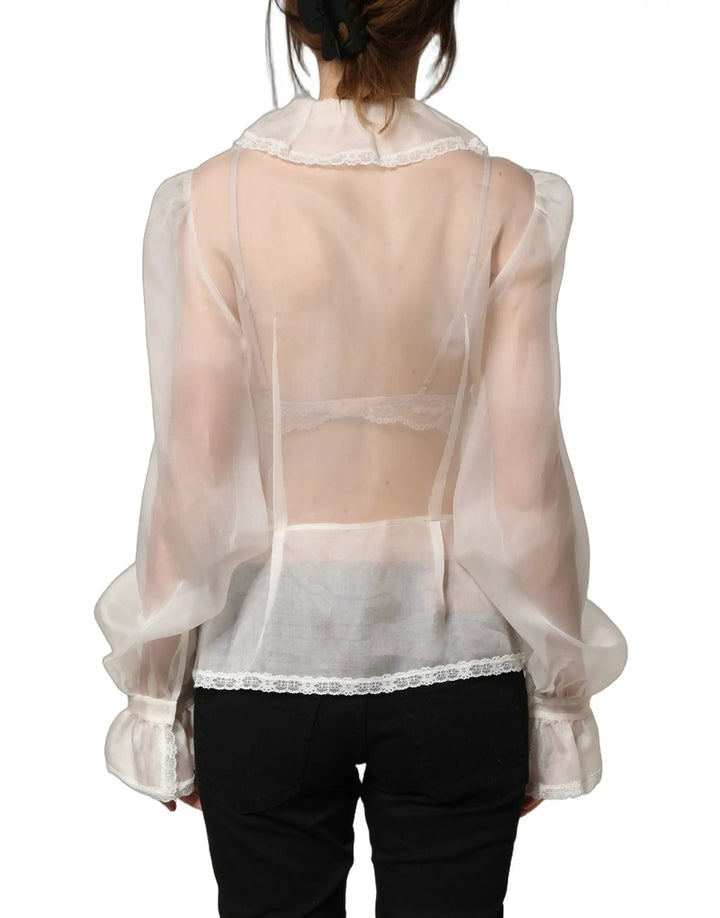 Dolce &amp; Gabbana Sample Sale | Dolce &amp; Gabbana White Ruffled Sheer Silk Buttoned Blouse Top - | Designer outlet