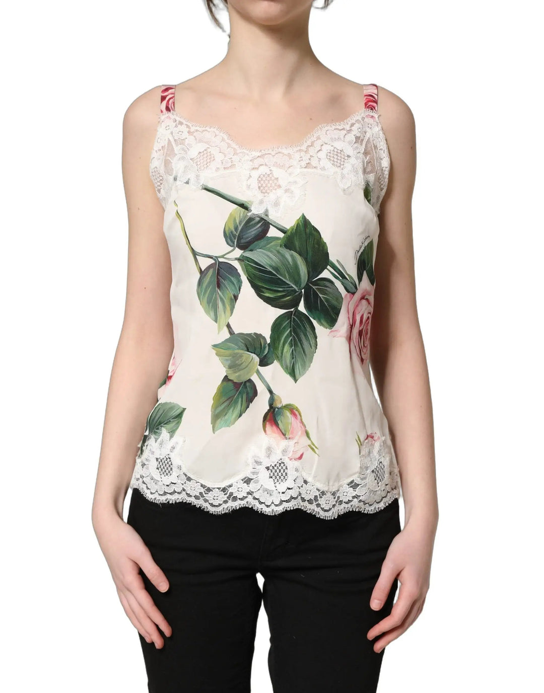 Dolce & Gabbana Sample Sale | Dolce & Gabbana White Rose Print Lace Silk Camisole Tank Top - | Designer outlet