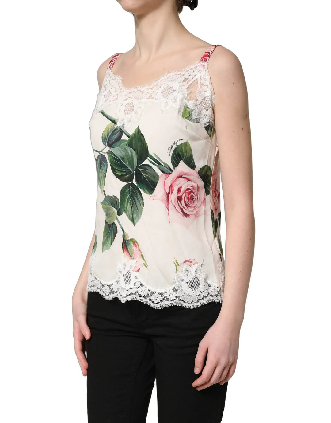 Dolce & Gabbana Sample Sale | Dolce & Gabbana White Rose Print Lace Silk Camisole Tank Top - | Designer outlet