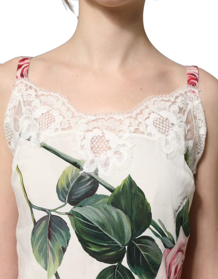 Dolce & Gabbana Sample Sale | Dolce & Gabbana White Rose Print Lace Silk Camisole Tank Top - | Designer outlet