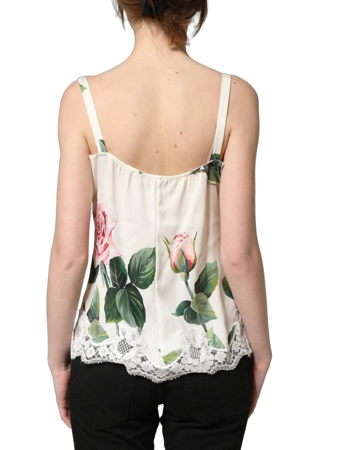 Dolce & Gabbana Sample Sale | Dolce & Gabbana White Rose Print Lace Silk Camisole Tank Top - | Designer outlet
