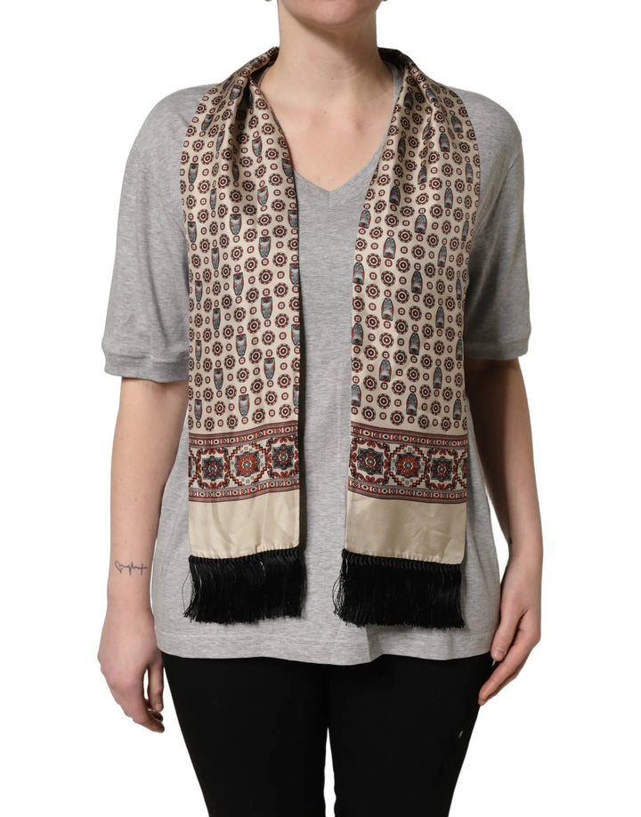 Dolce & Gabbana Sample Sale | Dolce & Gabbana Gray Cotton V-neck Owl Silk Scarf Top T-shirt - | Designer outlet