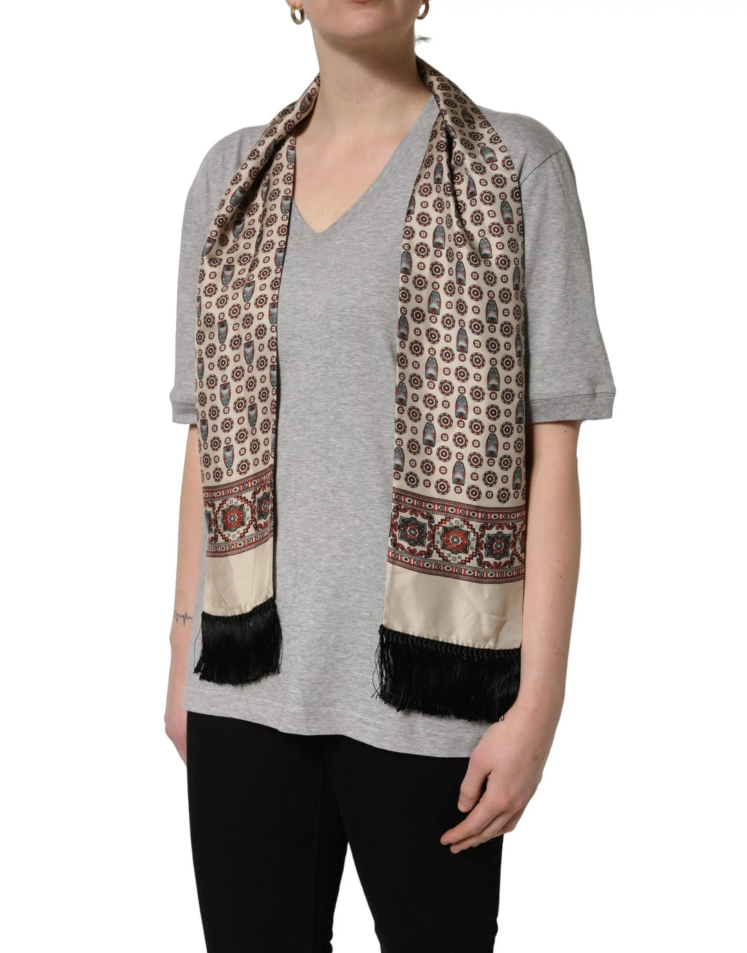 Dolce & Gabbana Sample Sale | Dolce & Gabbana Gray Cotton V-neck Owl Silk Scarf Top T-shirt - | Designer outlet