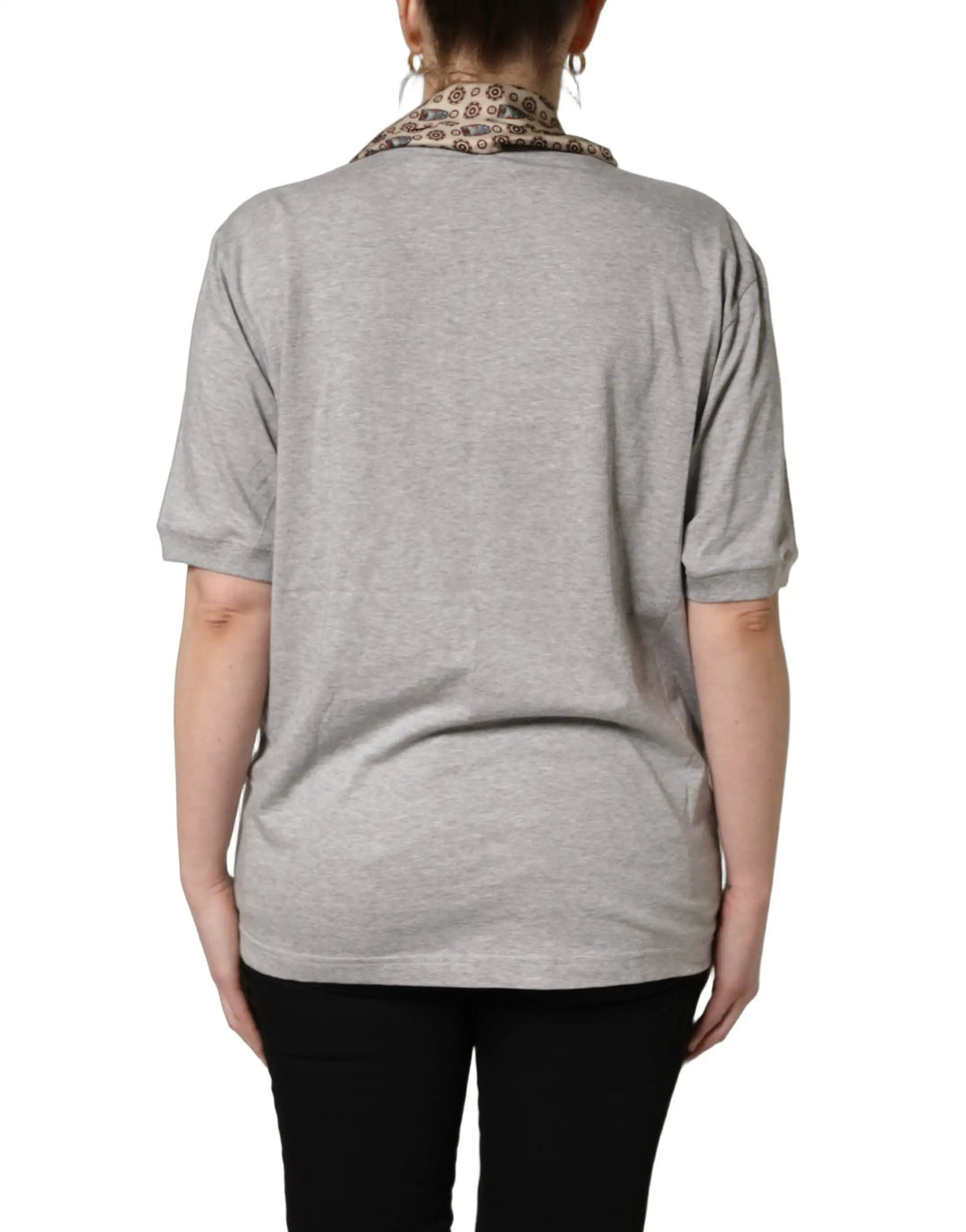 Dolce & Gabbana Sample Sale | Dolce & Gabbana Gray Cotton V-neck Owl Silk Scarf Top T-shirt - | Designer outlet