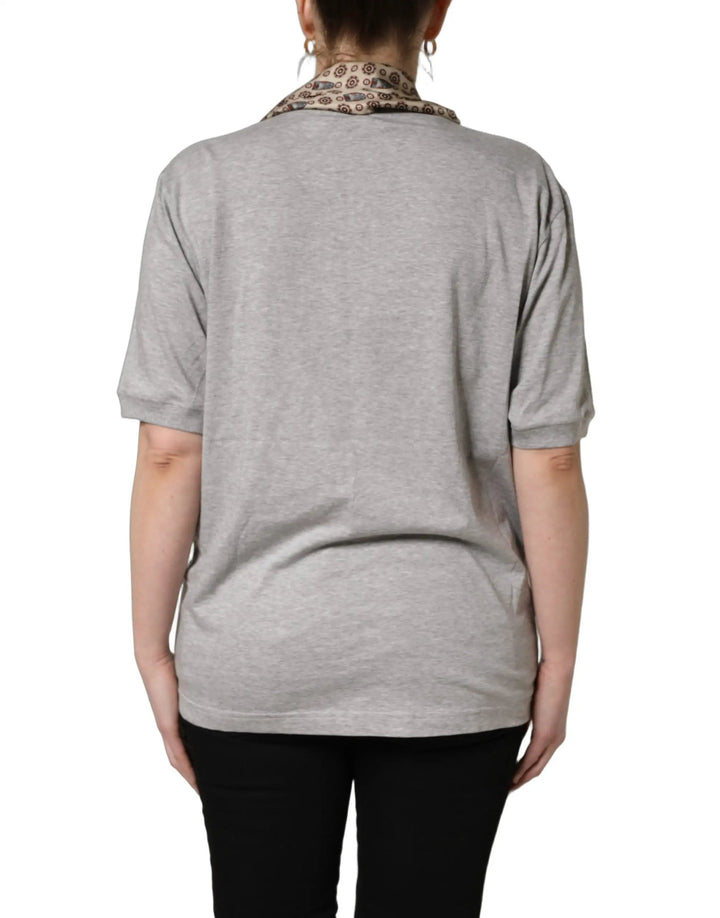 Dolce & Gabbana Sample Sale | Dolce & Gabbana Gray Cotton V-neck Owl Silk Scarf Top T-shirt - | Designer outlet