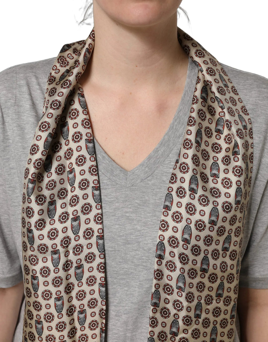 Dolce & Gabbana Sample Sale | Dolce & Gabbana Gray Cotton V-neck Owl Silk Scarf Top T-shirt - | Designer outlet
