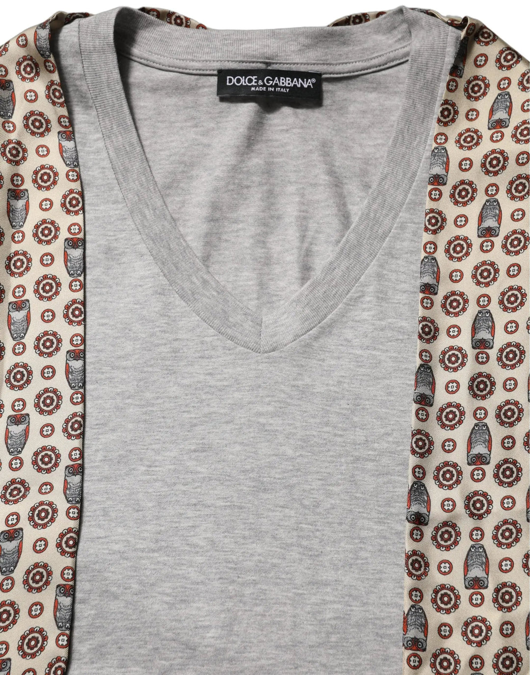 Dolce & Gabbana Sample Sale | Dolce & Gabbana Gray Cotton V-neck Owl Silk Scarf Top T-shirt - | Designer outlet