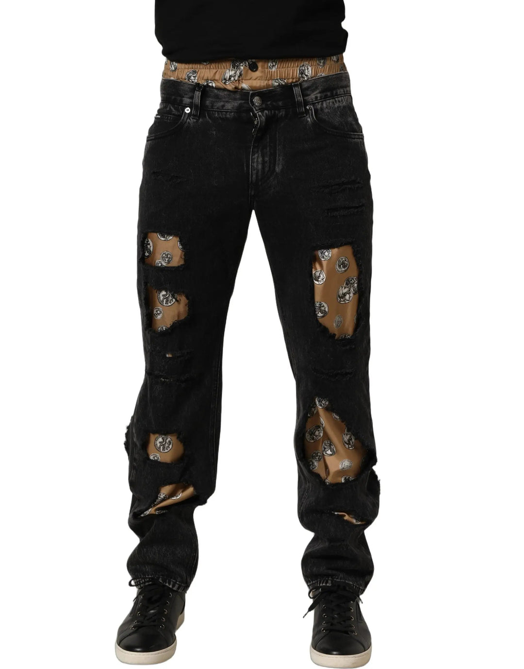Dolce &amp; Gabbana Black Distressed Cotton Straight Denim Jeans