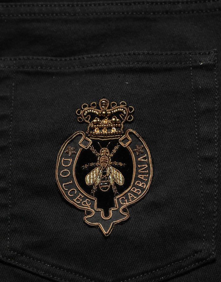 Dolce &amp; Gabbana Black Heraldic Embroidered Skinny Denim Jeans