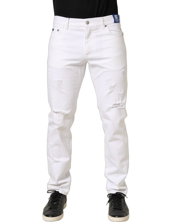 Dolce &amp; Gabbana White Cotton Ripped Slim Fit Men Denim Jeans