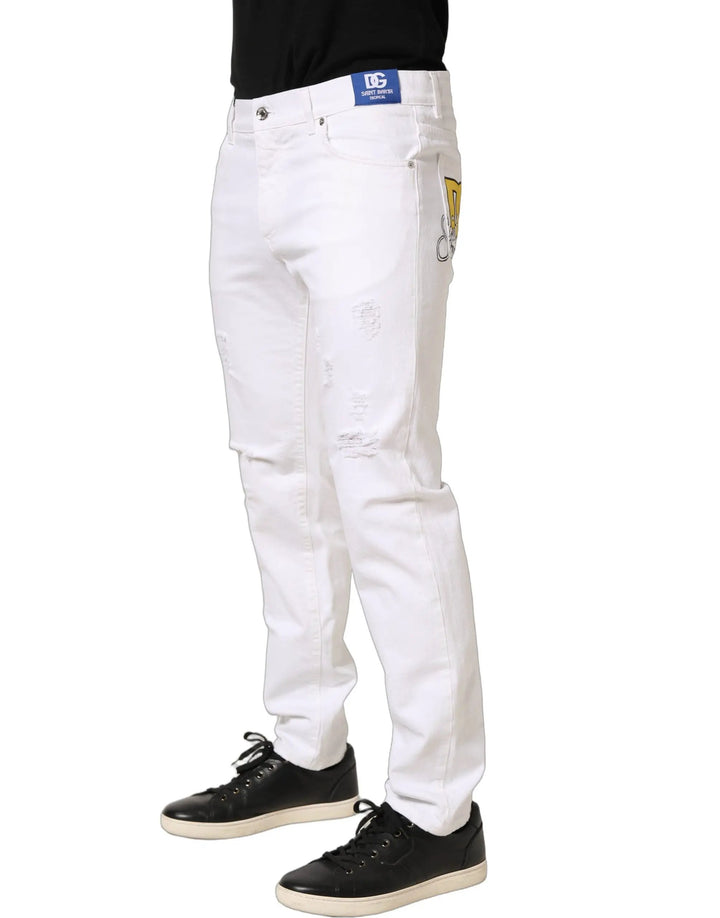 Dolce &amp; Gabbana White Cotton Ripped Slim Fit Men Denim Jeans