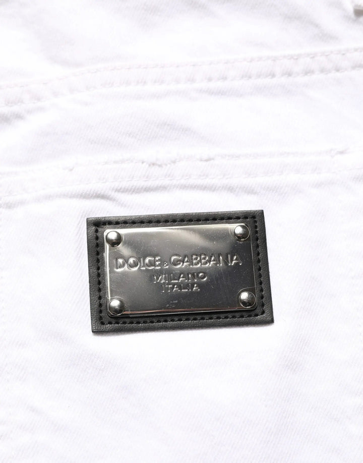 Dolce &amp; Gabbana White Cotton Ripped Slim Fit Men Denim Jeans