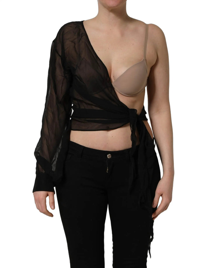 Dolce &amp; Gabbana Black Wrap Sheer Chiffon One Shoulder Top