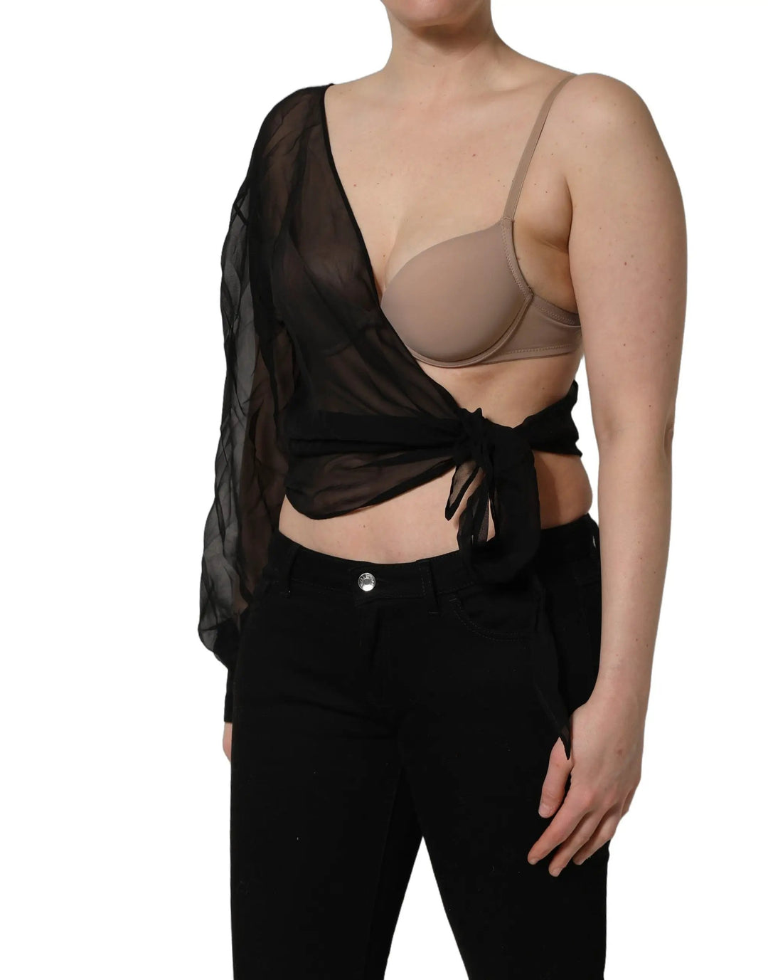 Dolce &amp; Gabbana Black Wrap Sheer Chiffon One Shoulder Top
