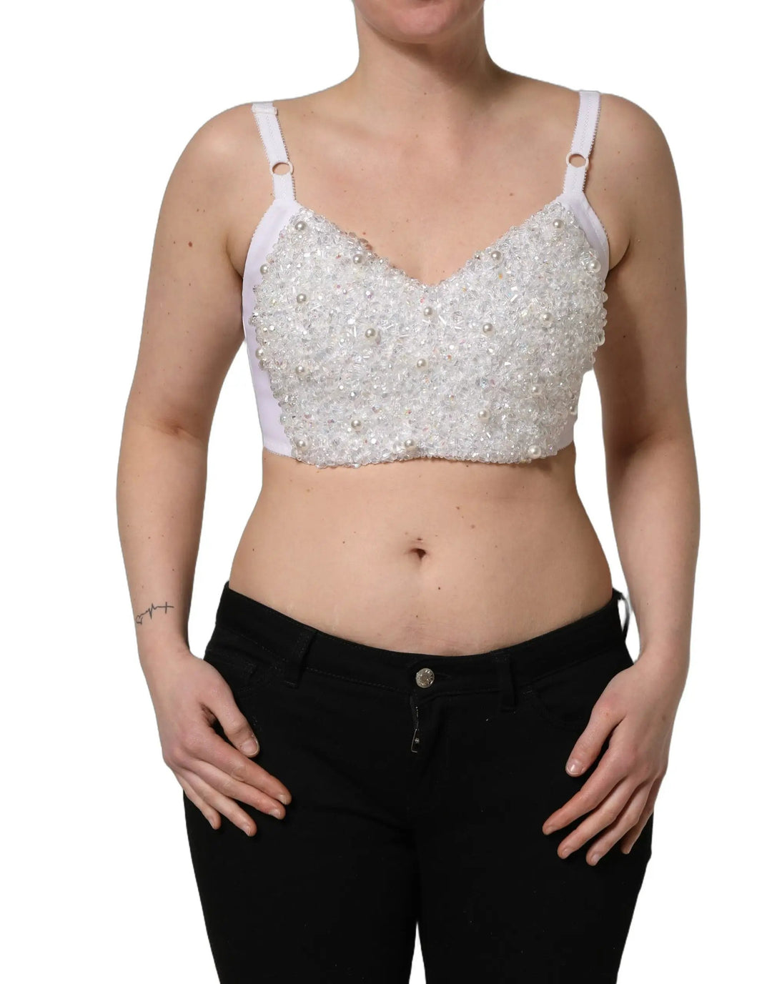Dolce &amp; Gabbana White Pearls Beaded Corset Bustier Crop Top