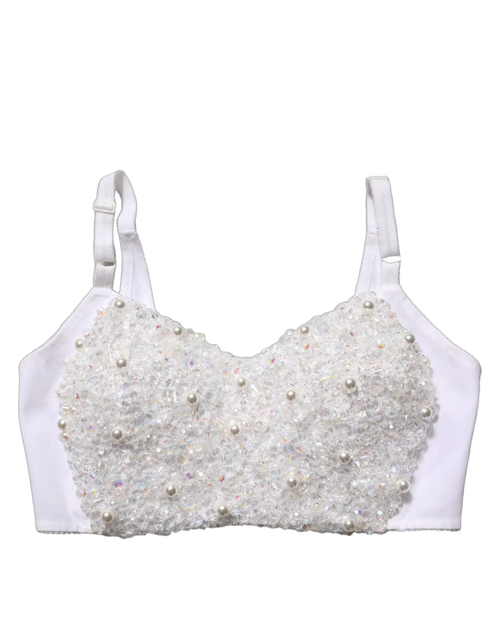 Dolce &amp; Gabbana White Pearls Beaded Corset Bustier Crop Top