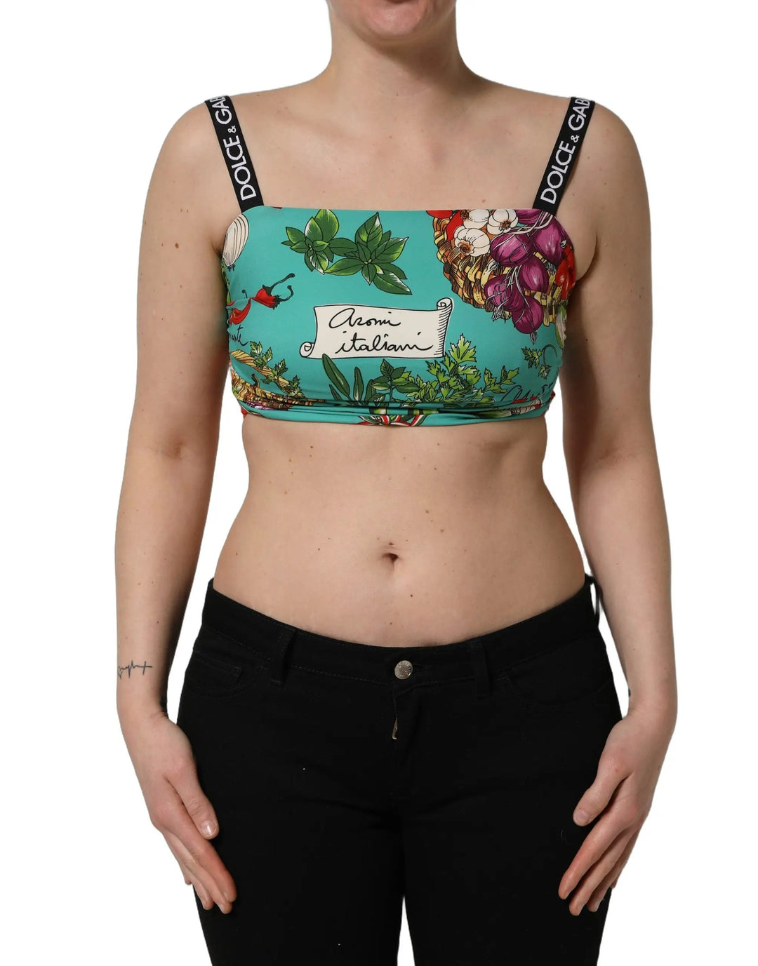 Dolce &amp; Gabbana Turquoise Vegetable Print Silk Crop Tank Top
