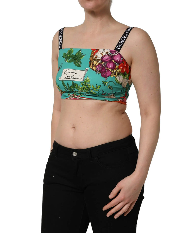 Dolce &amp; Gabbana Turquoise Vegetable Print Silk Crop Tank Top