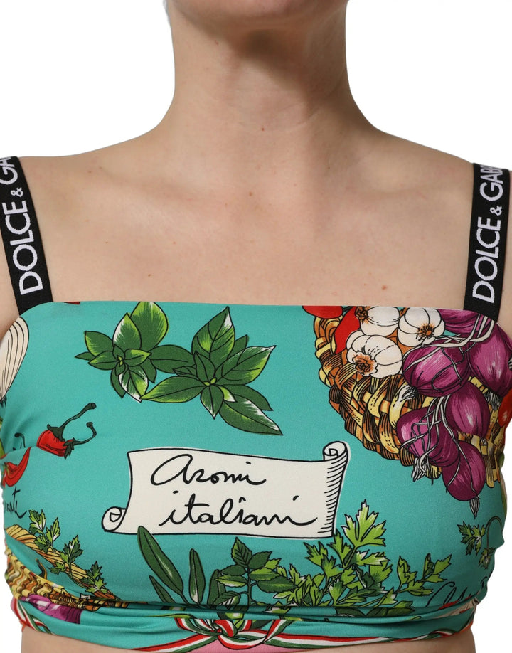 Dolce &amp; Gabbana Turquoise Vegetable Print Silk Crop Tank Top