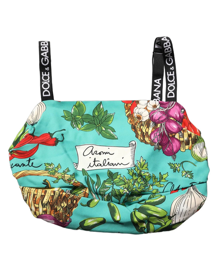 Dolce &amp; Gabbana Turquoise Vegetable Print Silk Crop Tank Top