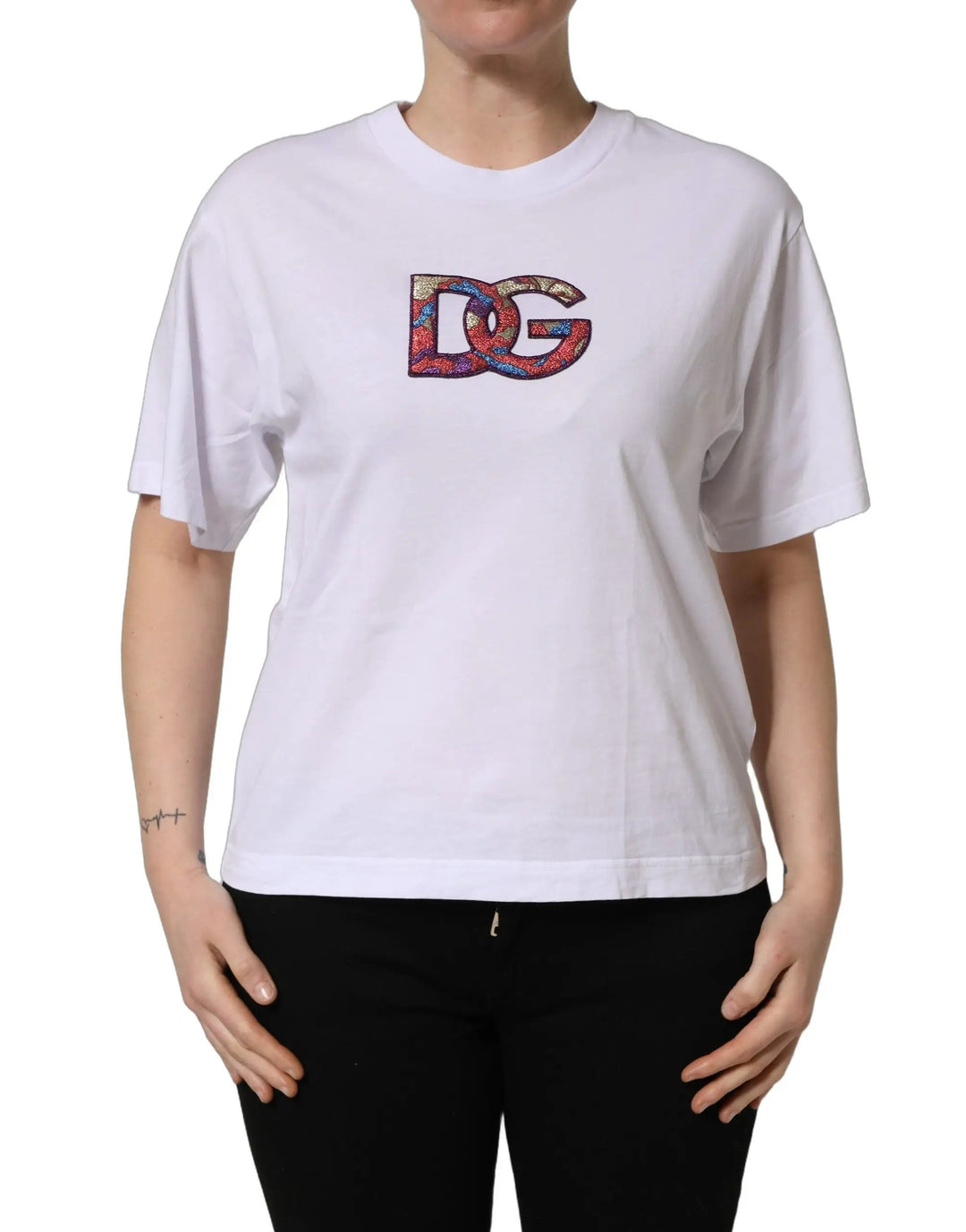 Dolce &amp; Gabbana White Cotton DG Logo Patch Crew Neck T-shirt