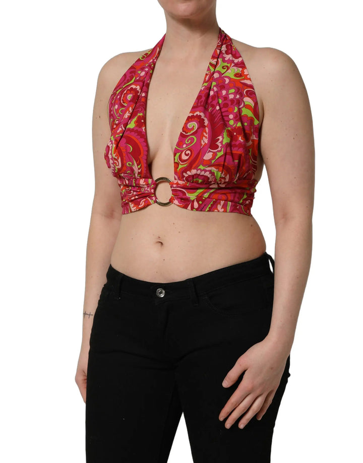 Dolce &amp; Gabbana Red Paisley Silk Halter Neck Crop Tank Top