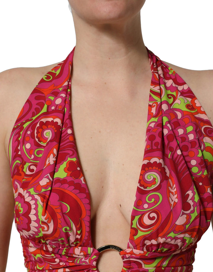 Dolce &amp; Gabbana Red Paisley Silk Halter Neck Crop Tank Top