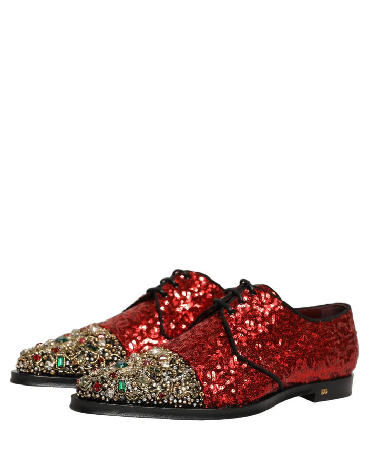 Dolce &amp; Gabbana Red Sequin Embellished Men Derby Dress Shoes