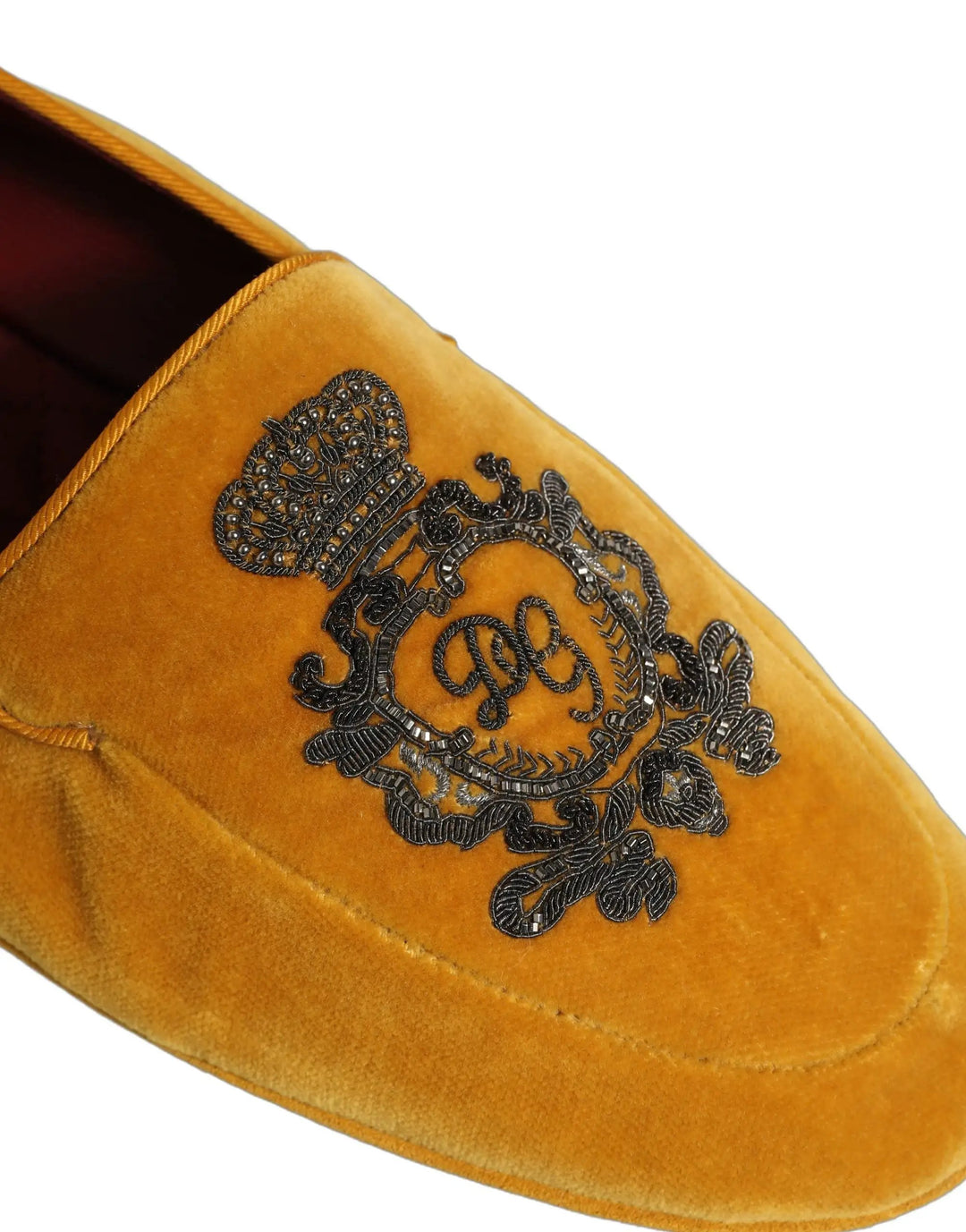 Dolce &amp; Gabbana Yellow Velvet Crown Embroidery Loafers Shoes