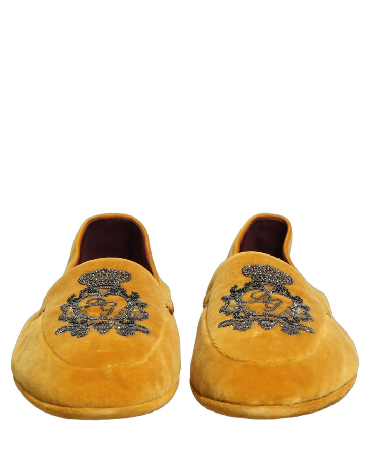 Dolce &amp; Gabbana Yellow Velvet Crown Embroidery Loafers Shoes