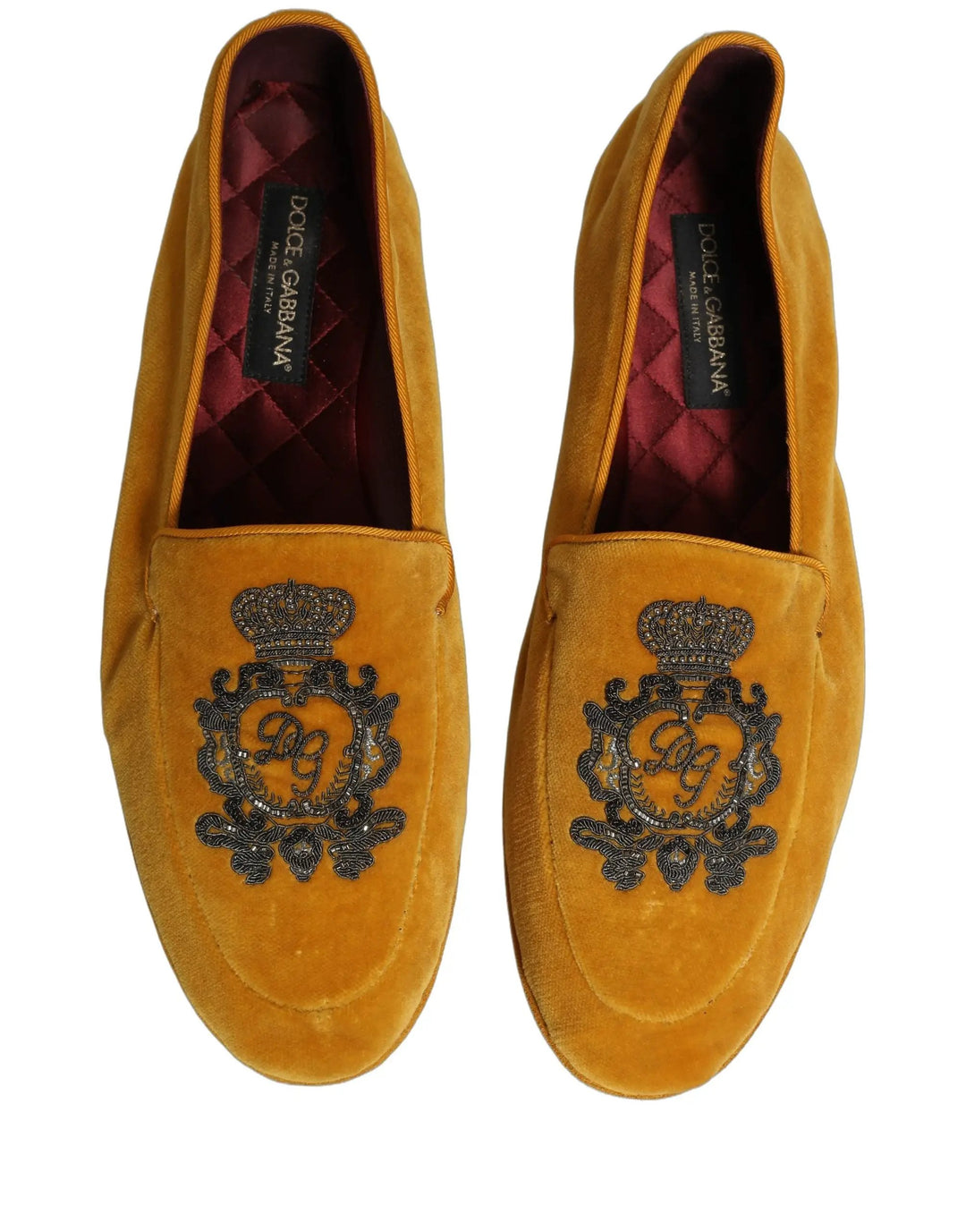 Dolce &amp; Gabbana Yellow Velvet Crown Embroidery Loafers Shoes