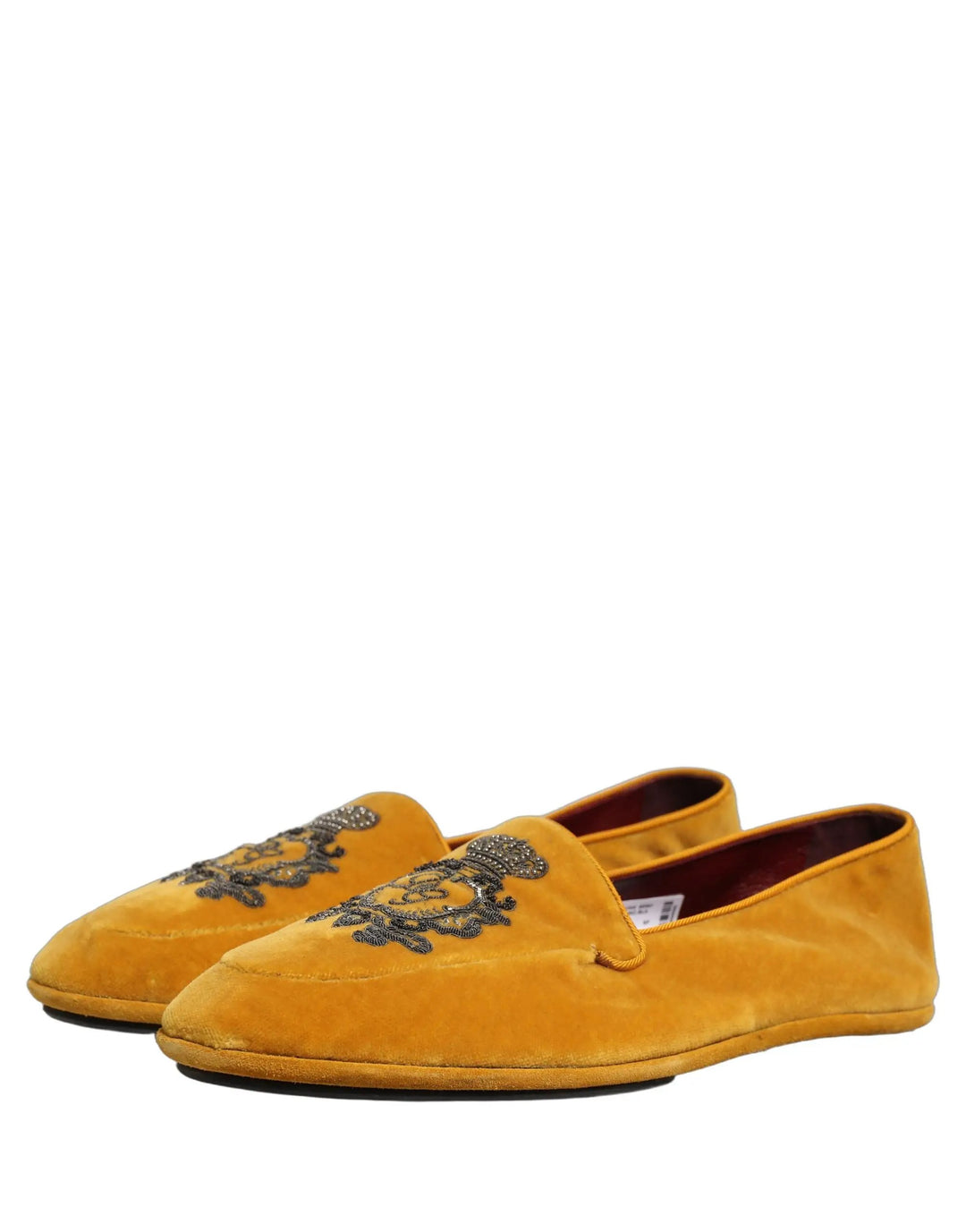 Dolce &amp; Gabbana Yellow Velvet Crown Embroidery Loafers Shoes