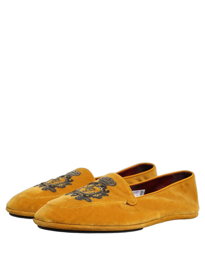 Dolce &amp; Gabbana Yellow Velvet Crown Embroidery Loafers Shoes