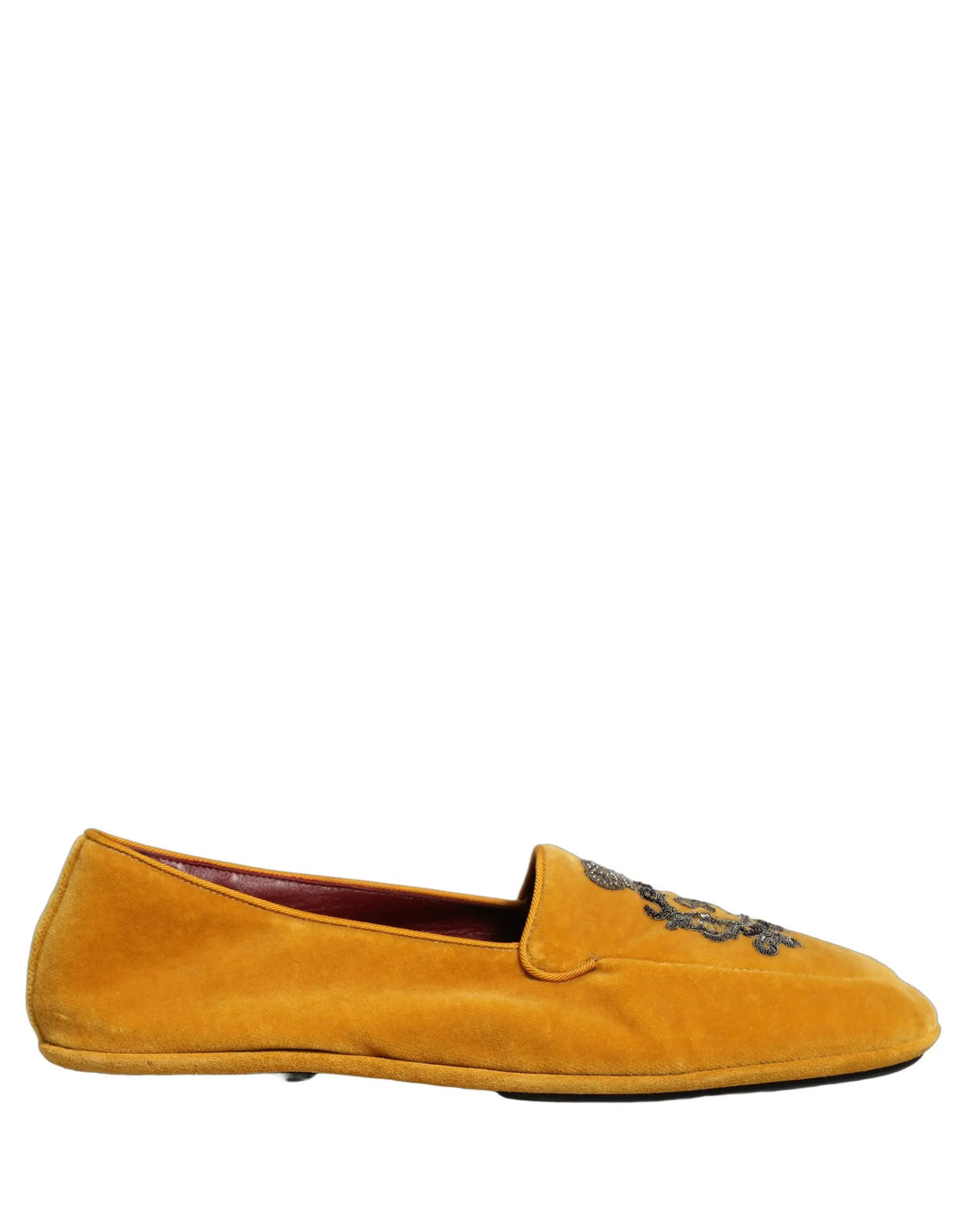 Dolce &amp; Gabbana Yellow Velvet Crown Embroidery Loafers Shoes