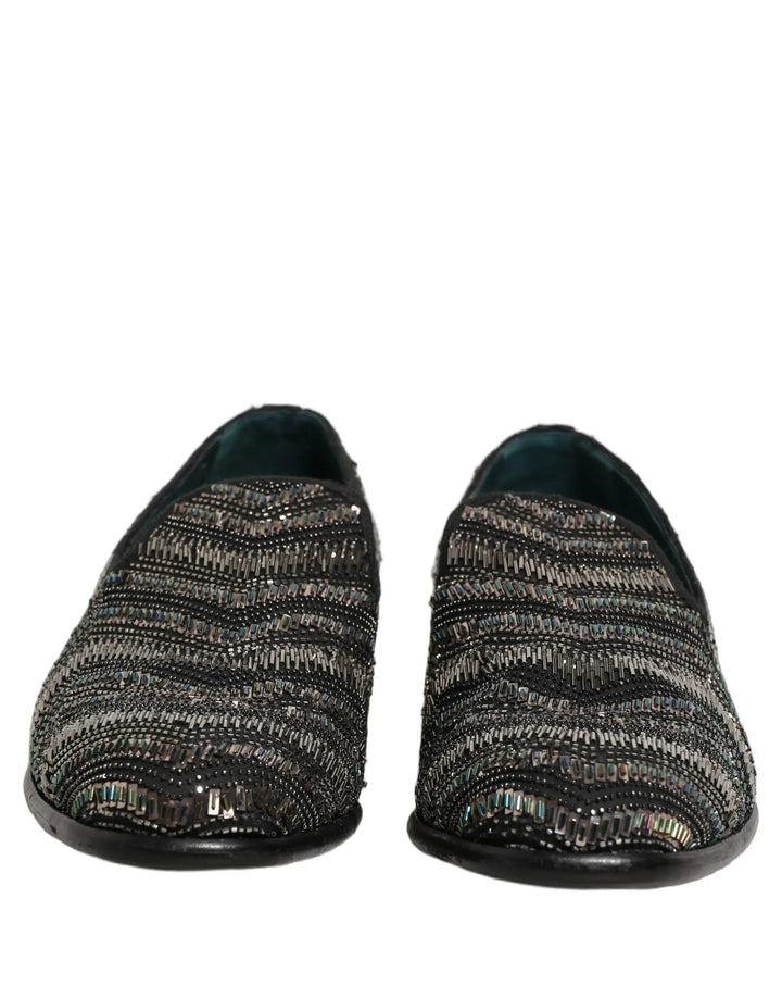 Dolce &amp; Gabbana Black Silver Embellished Slip On Loafers Shoes