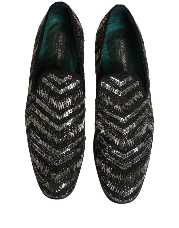 Dolce &amp; Gabbana Black Silver Embellished Slip On Loafers Shoes