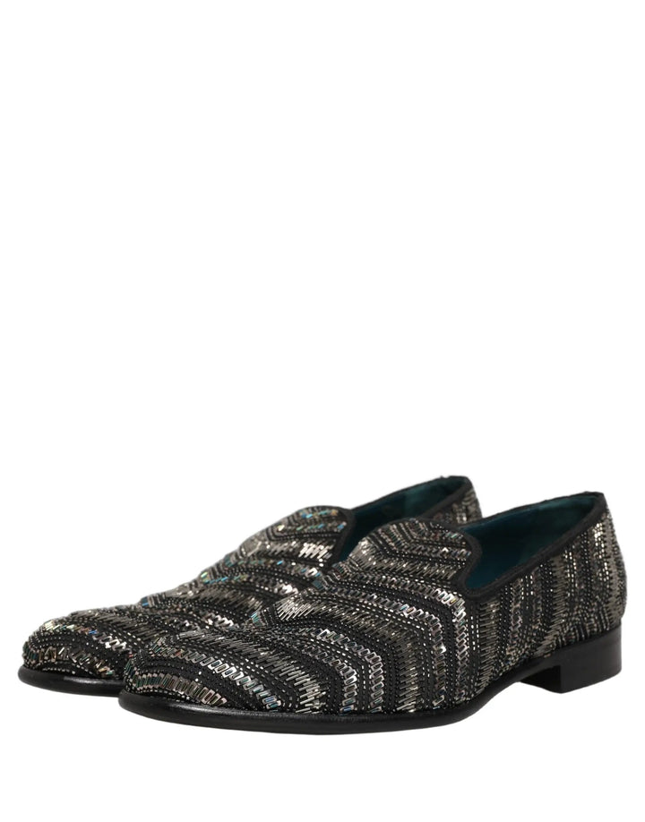 Dolce &amp; Gabbana Black Silver Embellished Slip On Loafers Shoes