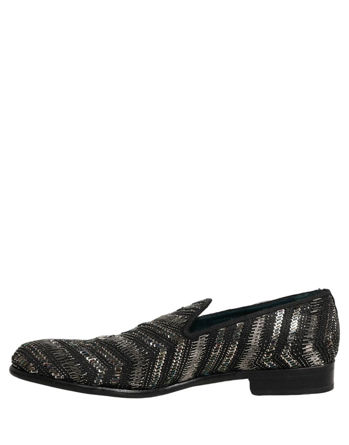 Dolce &amp; Gabbana Black Silver Embellished Slip On Loafers Shoes