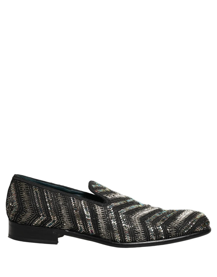 Dolce &amp; Gabbana Black Silver Embellished Slip On Loafers Shoes