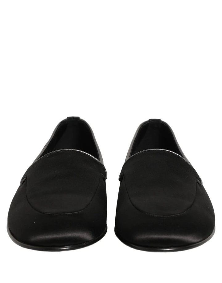 Dolce &amp; Gabbana Black Satin Logo Slip On Flats Loafers Shoes