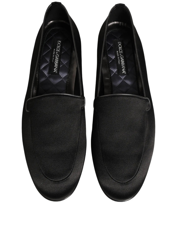 Dolce &amp; Gabbana Black Satin Logo Slip On Flats Loafers Shoes