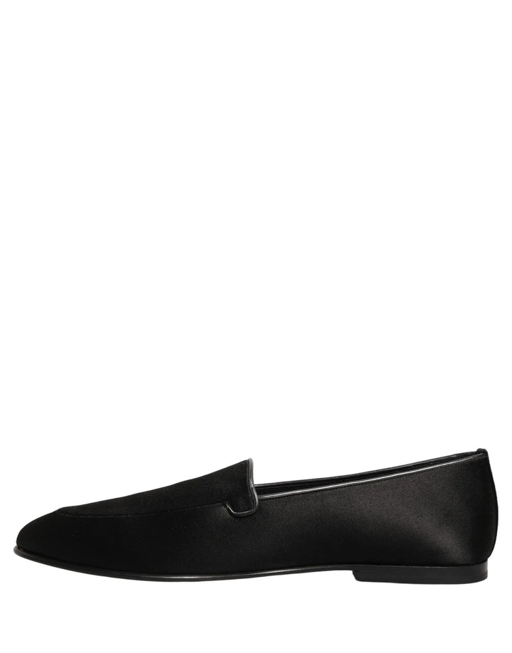 Dolce &amp; Gabbana Black Satin Logo Slip On Flats Loafers Shoes