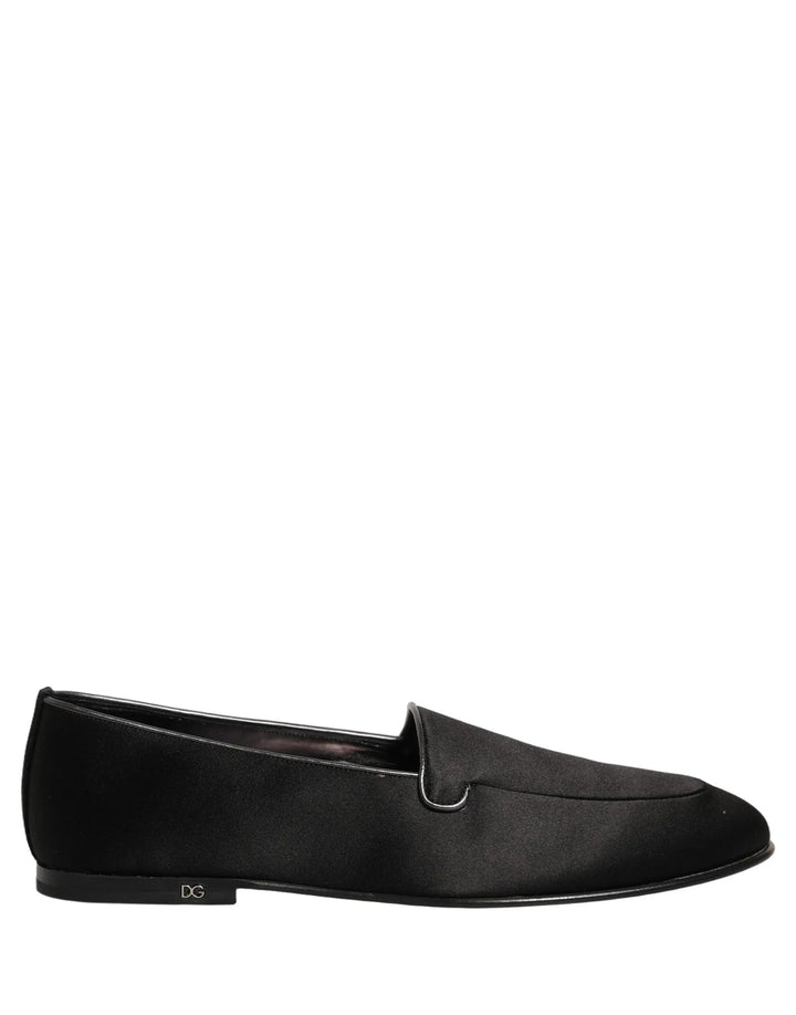 Dolce &amp; Gabbana Black Satin Logo Slip On Flats Loafers Shoes
